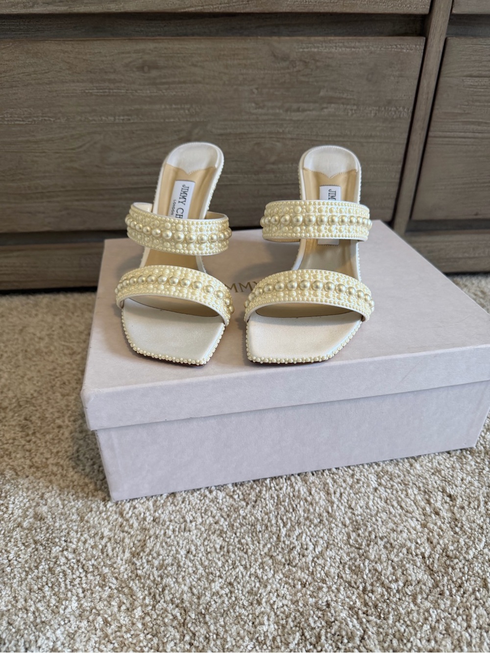 Jimmy Choo Pearl-Embellished Ivory Slide Heels